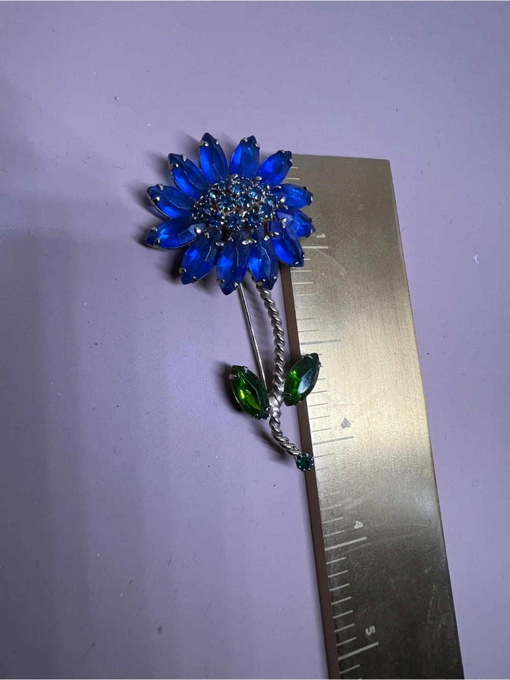 WEISS Signed Blue and Green Floral Crystal Brooch